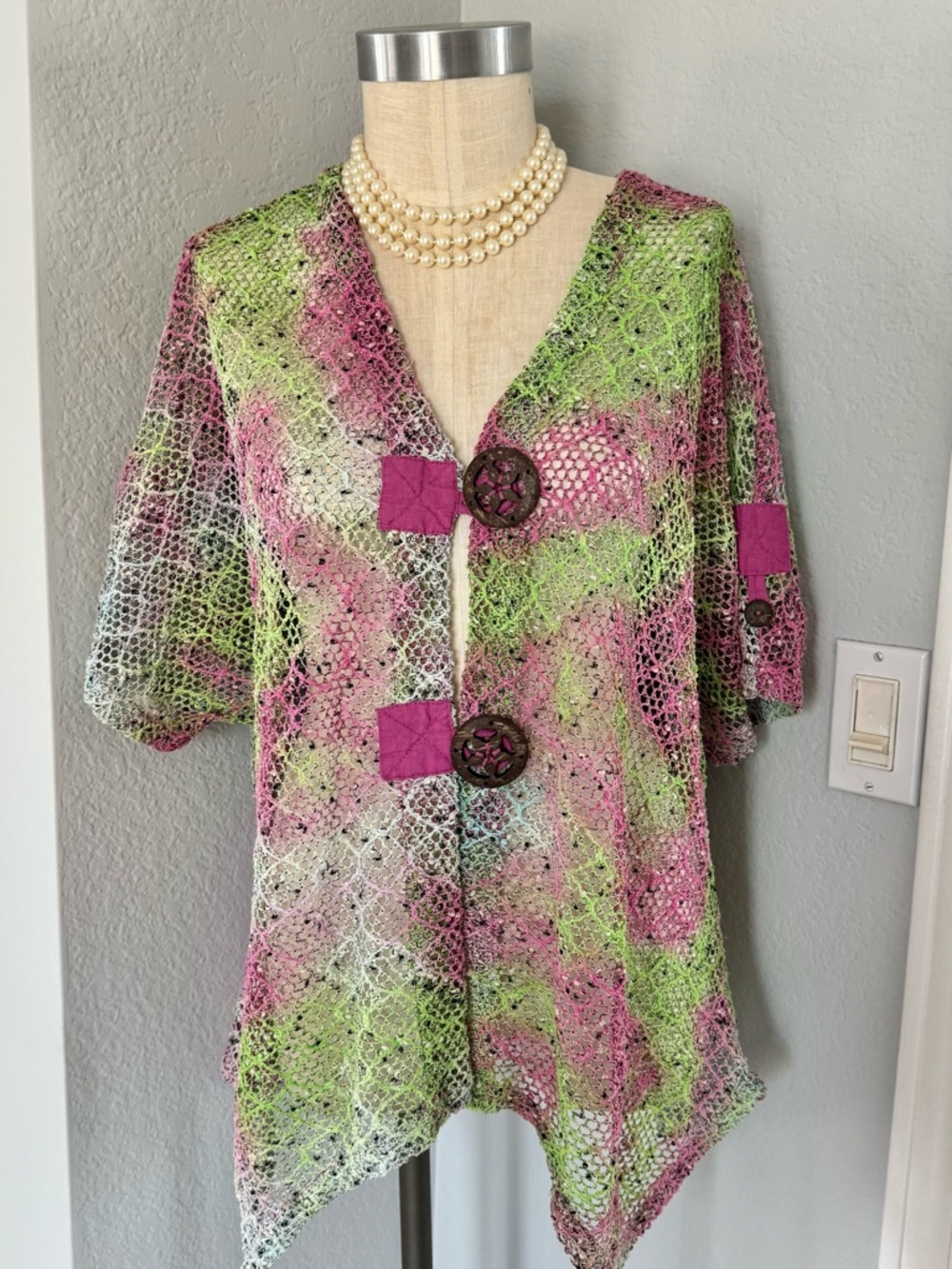 Coconut Shell Button Open-Knit Pink & Green Women's Top 1X